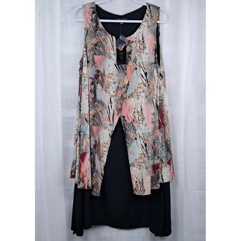Papillon L Black Pink Floral Layered Sleeveless Dress Flowy Art to Wear Boho